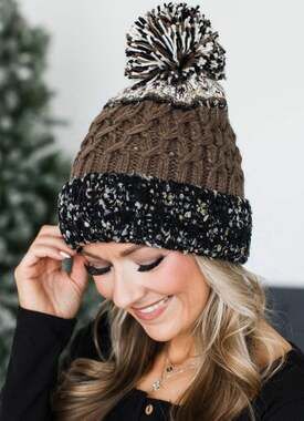 Chalet Women's Color Block Cable Knit Pom Pom Beanie in Black and Taupe